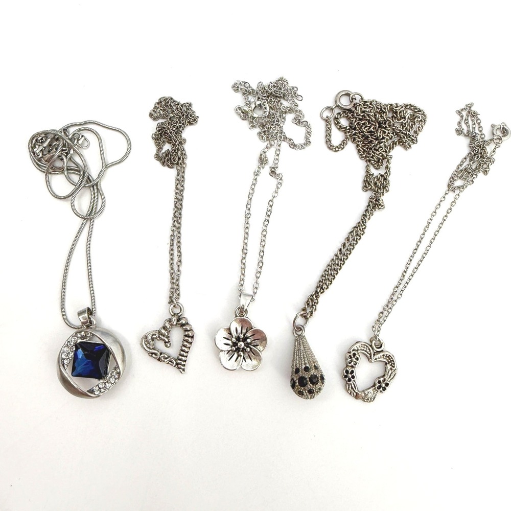 Lot of 5 Silver Tone Necklaces Blue Crystal Heart Flower Teardrop Pendants